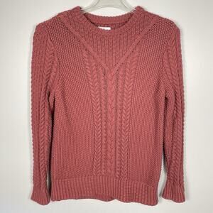 LL Bean Signature Fisherman Sweater Womens M Mauve 100% Cotton Heavy Cable Knit